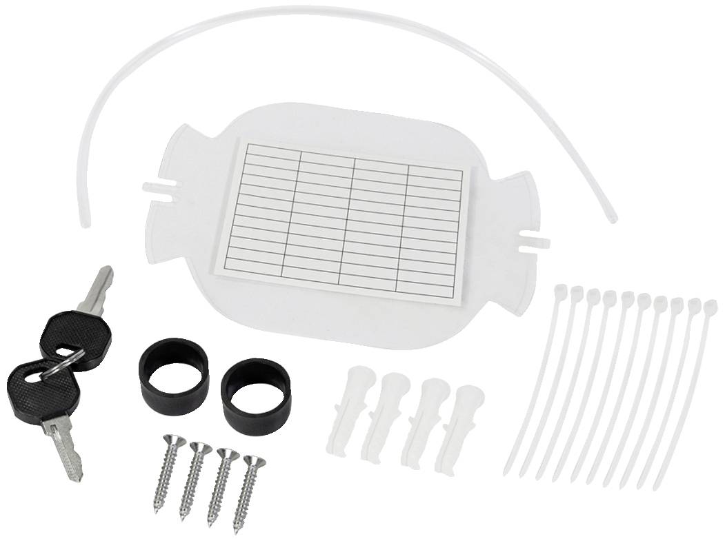 Befestigungssatz mit Schrauben, Kabelbindern, Schlüsseln und Halterungskomponenten, zur Installation sicherheitsrelevanter Geräte.