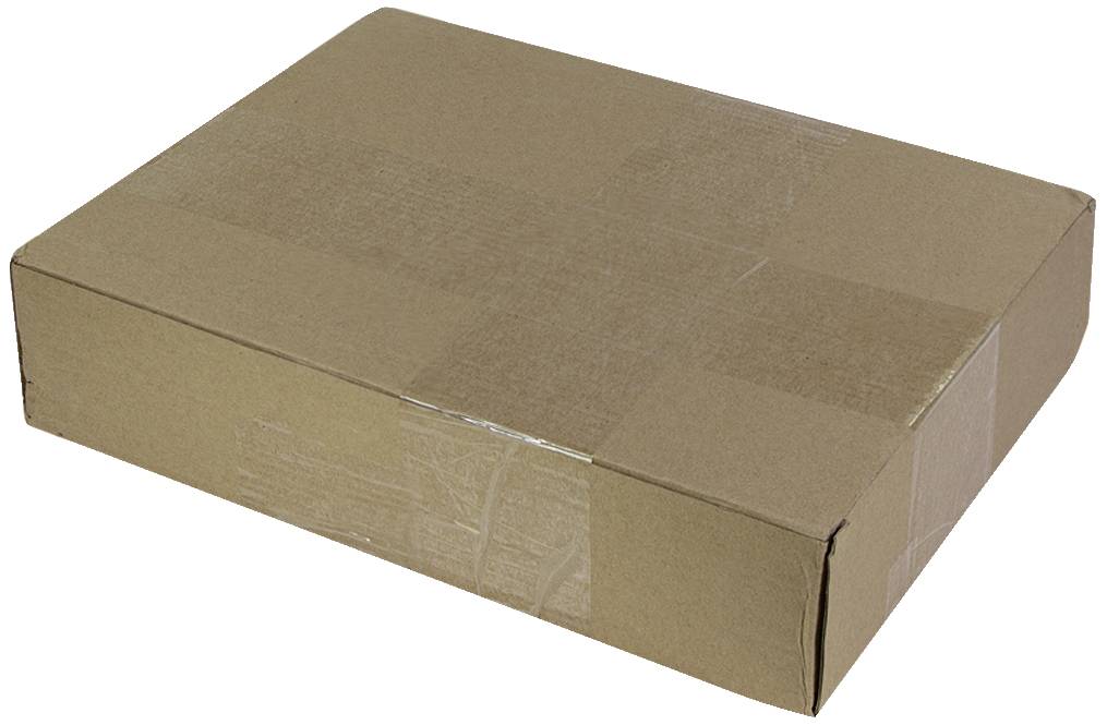 Pappkarton, flach und rechteckig, mit Klebeband verschlossen.