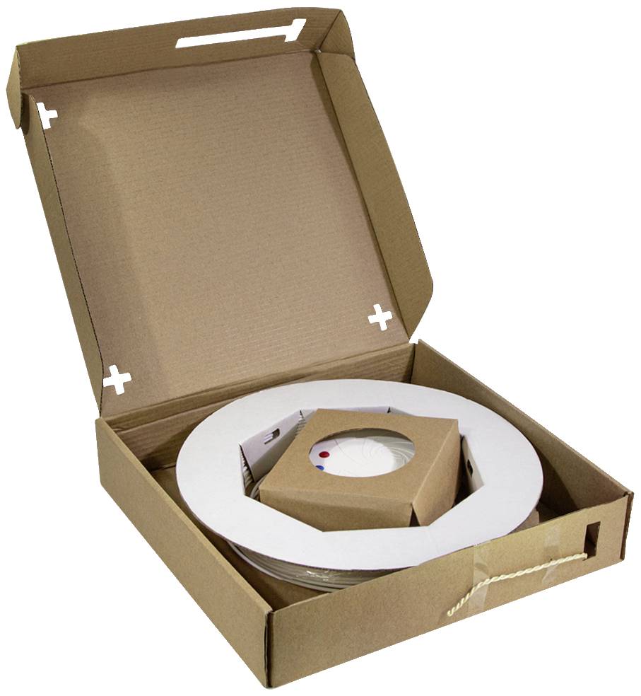 Kartonverpackung mit Filamentrolle aus Kunststoff, geöffnet. Die Rolle ist rund und von Wellpappe umgeben.
