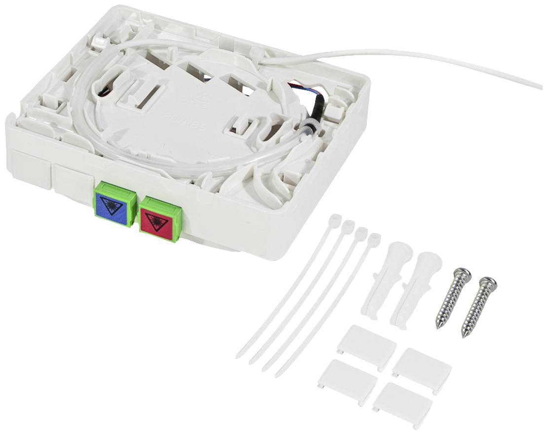 Glasfaserdosen Installation Kit mit Montagezubehör, Schrauben, Dübel und Kabelbinder, um Glasfaserverbindungen zu sichern.
