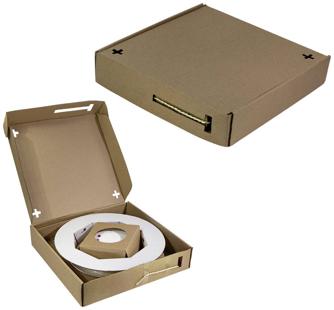 Zwei Kartons: oben geschlossen, unten geöffnet mit einer Rolle Verpackungsmaterial darin, ideal zum Versand empfindlicher Waren.