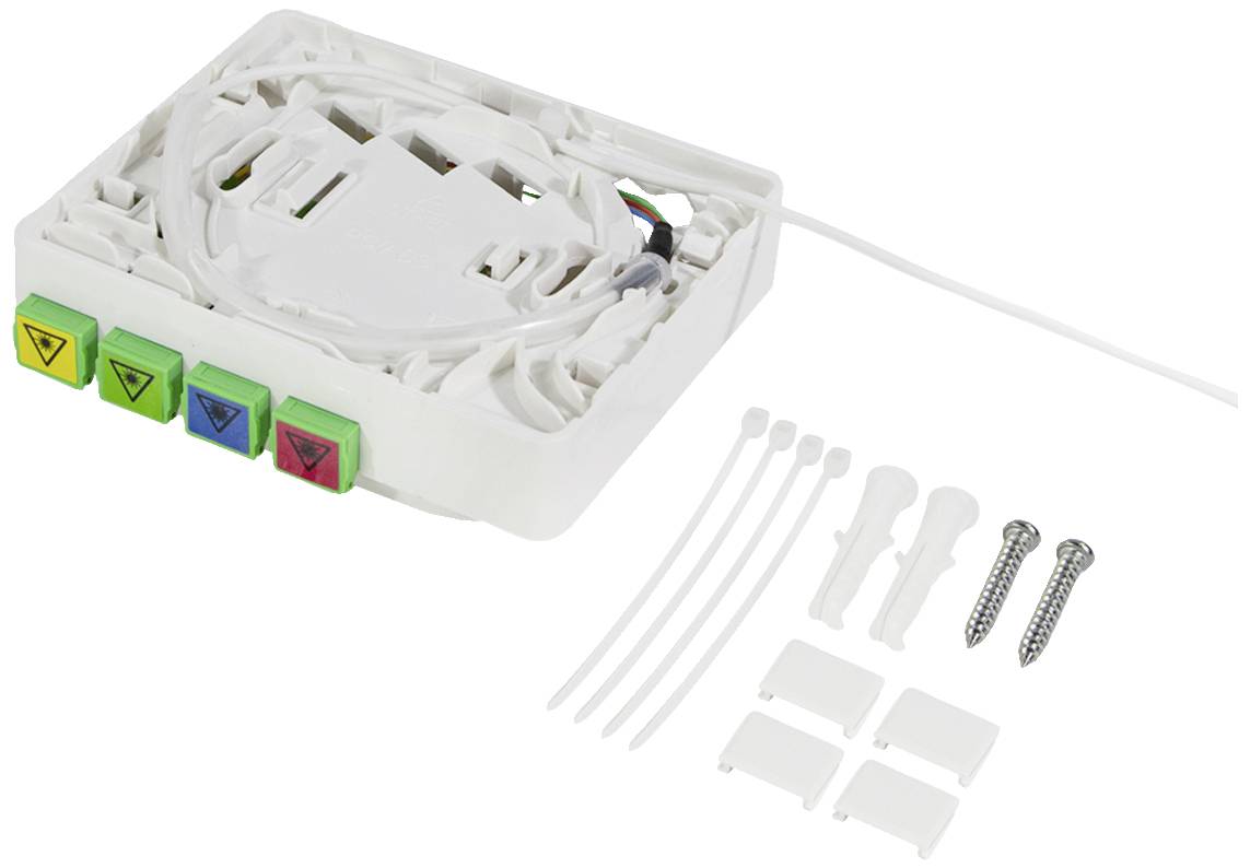 Ein weißes, rechteckiges elektronisches Gerät mit vier farbigen Tasten und Zubehörteilen wie Schrauben und Kabelbindern.
