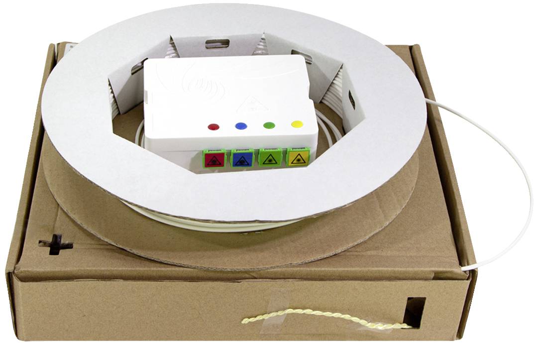 Kunststoffspule mit Filament für 3D-Drucker, mit vier farbigen Druckknöpfen und Kabel, verpackt in brauner Kartonbox.