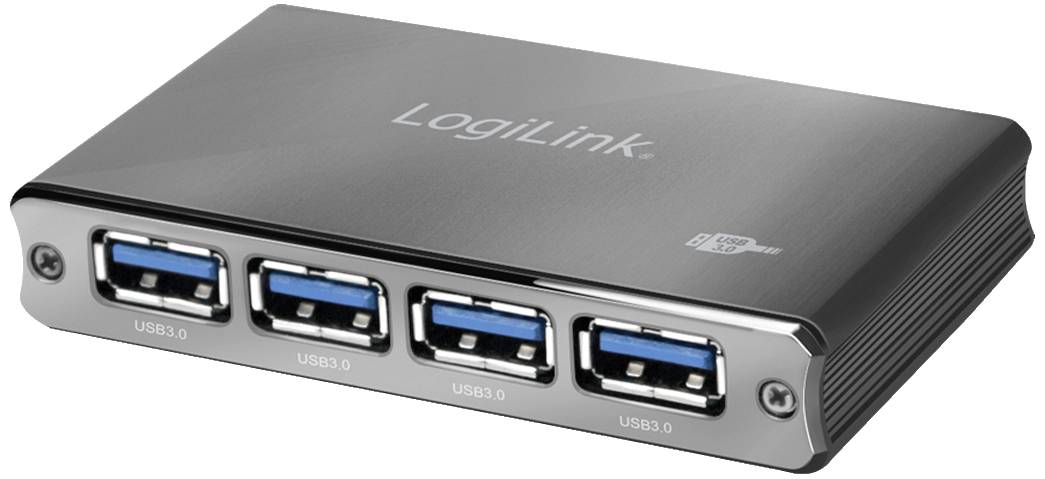 Ein silberner LogiLink USB 3.0 Hub mit vier blauen USB-Anschlüssen.