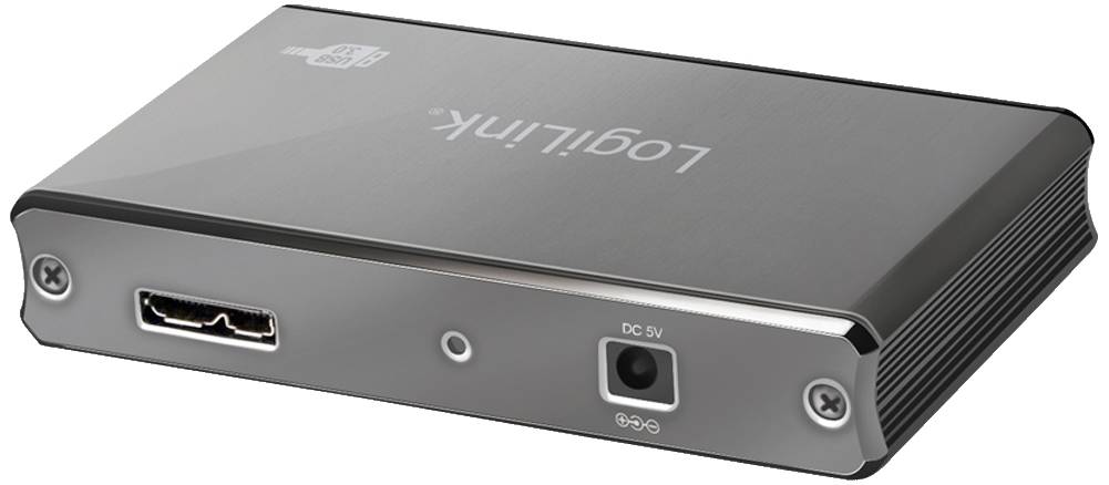Externe Festplattengehäuse mit HDMI-Ausgang, Audioanschluss und DC 5V-Stromeingang, geeignet für die Verbindung mit Multimedia-Geräten.