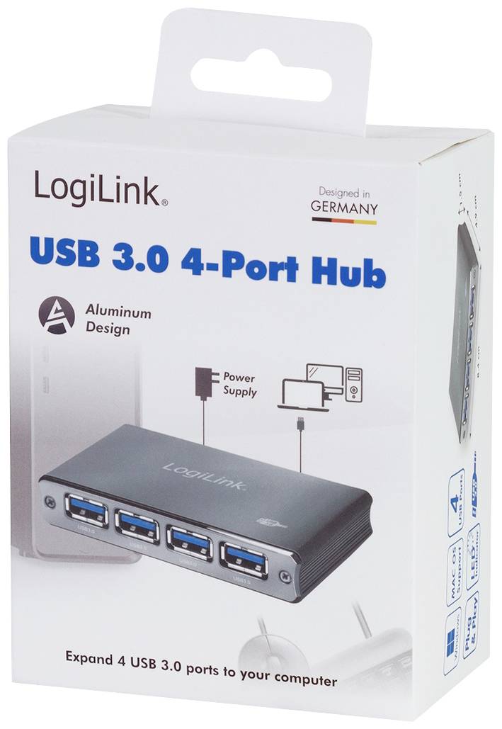 LogiLink USB 3.0 4-Port Hub in Aluminium-Design. Verpackung zeigt Hub mit vier Anschlüssen und Schema zur Nutzung mit Stromquelle. Entwickelt in Deutschland.