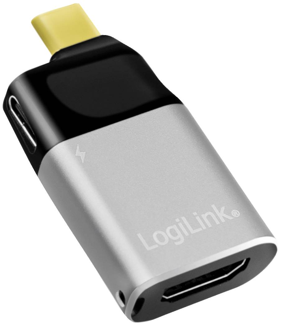 Ein silberner LogiLink Adapter mit HDMI-Anschluss und einem gelben Stecker, wahrscheinlich zum Verbinden von Geräten.