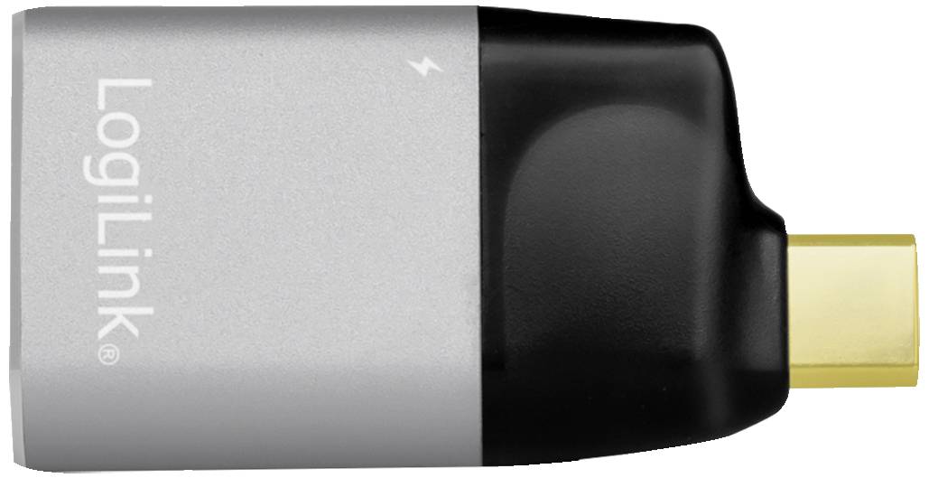 Ein silberner und schwarzer USB-C-Adapter von LogiLink mit einem g iel am rechten Ende.