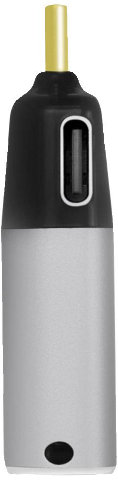 Ein silber-schwarzer, zylindrischer Stift mit einem schmalen gelben Schaft oben, der als elektronischer Eingabestift dient.