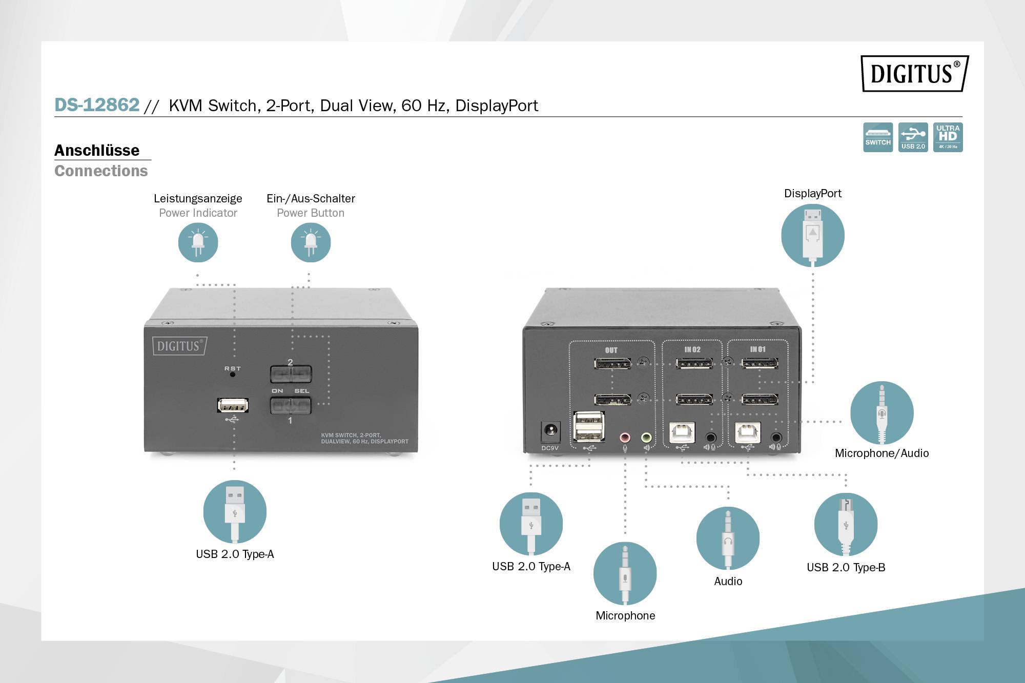 Digitus DS-12862 2 Port KVM-Umschalter DisplayPort® 3840 x 2160 Pixel