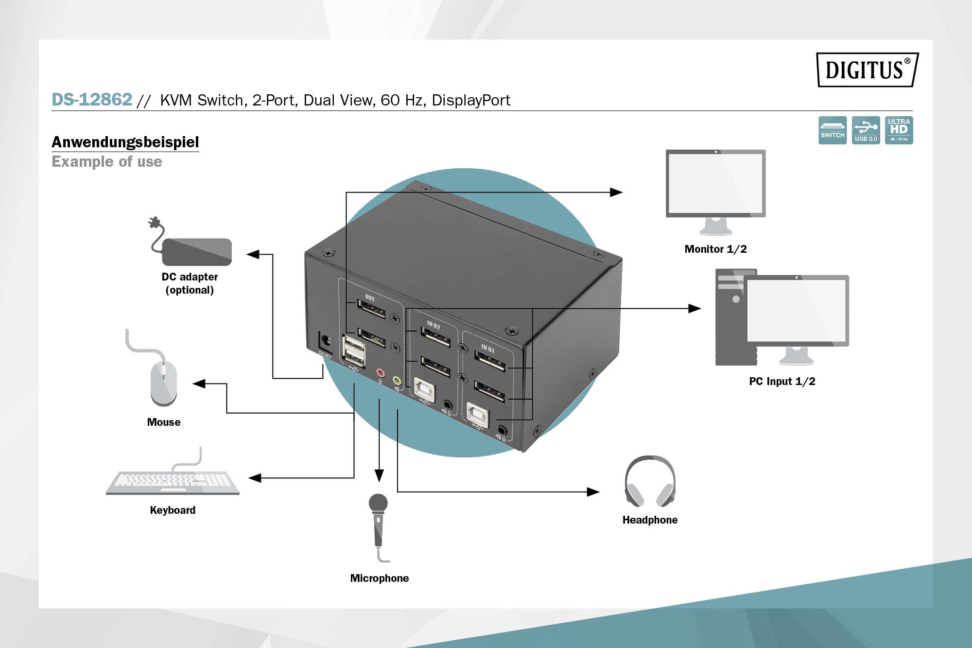 Digitus DS-12862 2 Port KVM-Umschalter DisplayPort® 3840 x 2160 Pixel