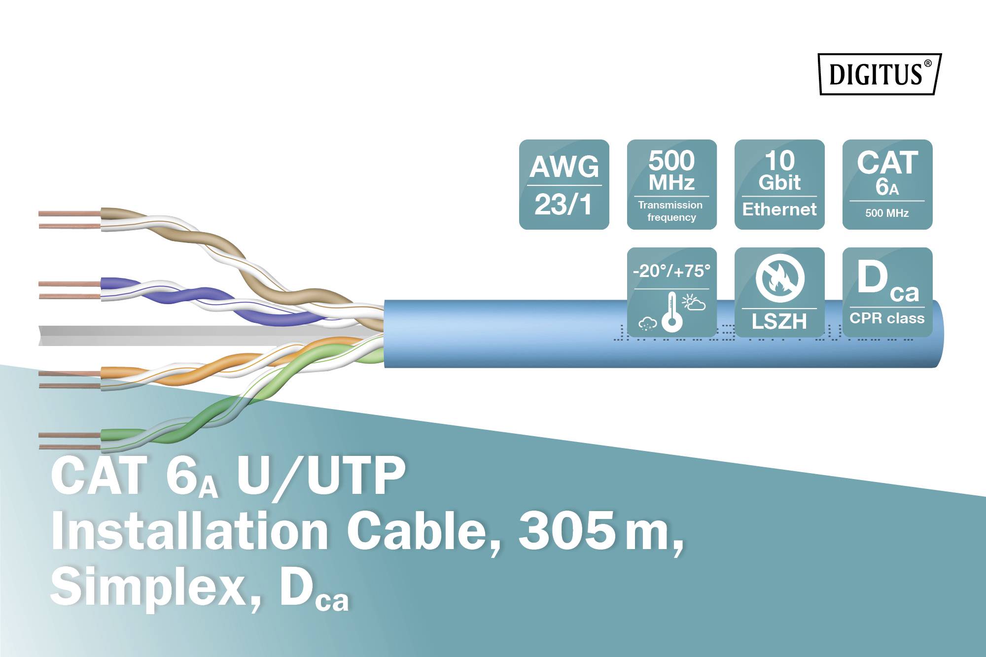 Blaues CAT 6a Kabel mit vier verdrillten Adernpaaren. Technische Details: AWG 23/1, 500 MHz, 10 Gbit Ethernet, Längenangabe 305m.