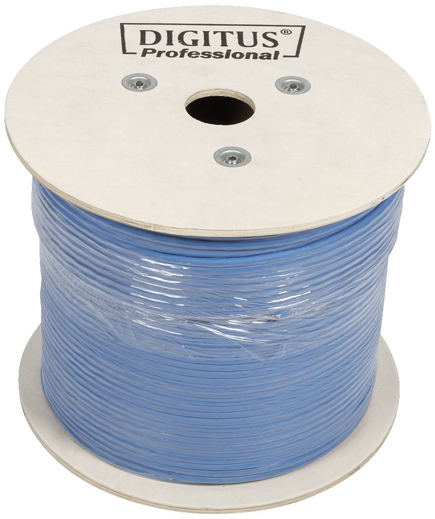 Eine große Spule mit blauem Kabel, die auf beiden Seiten aus Holz besteht. Oben ist der Aufdruck 'DIGITUS Professional' sichtbar.
