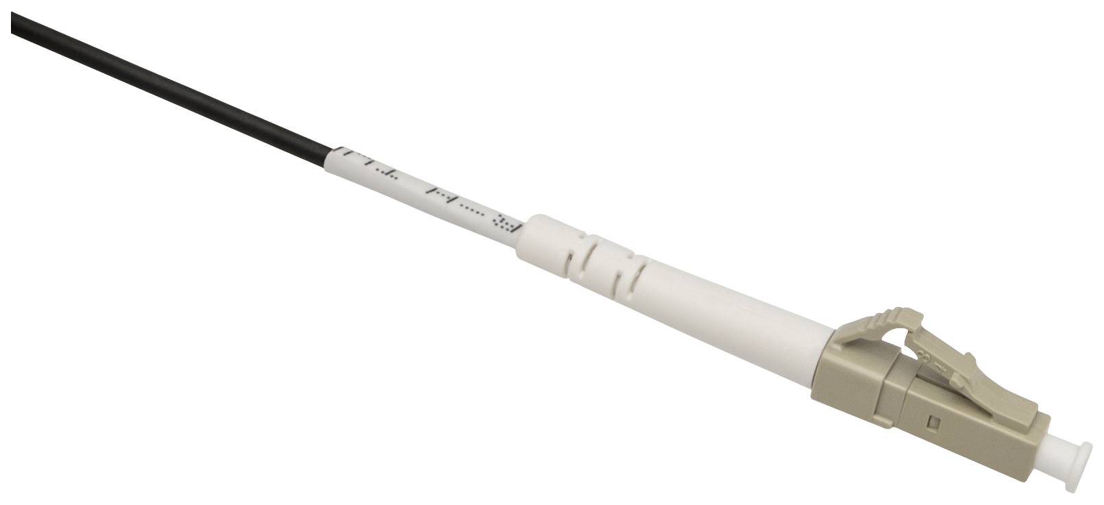 Ein LC-Steckverbinder für Glasfaserkabel mit beigem Gehäuse und schwarzem Kabel ist abgebildet, passend für Netzwerk-Verbindungen.