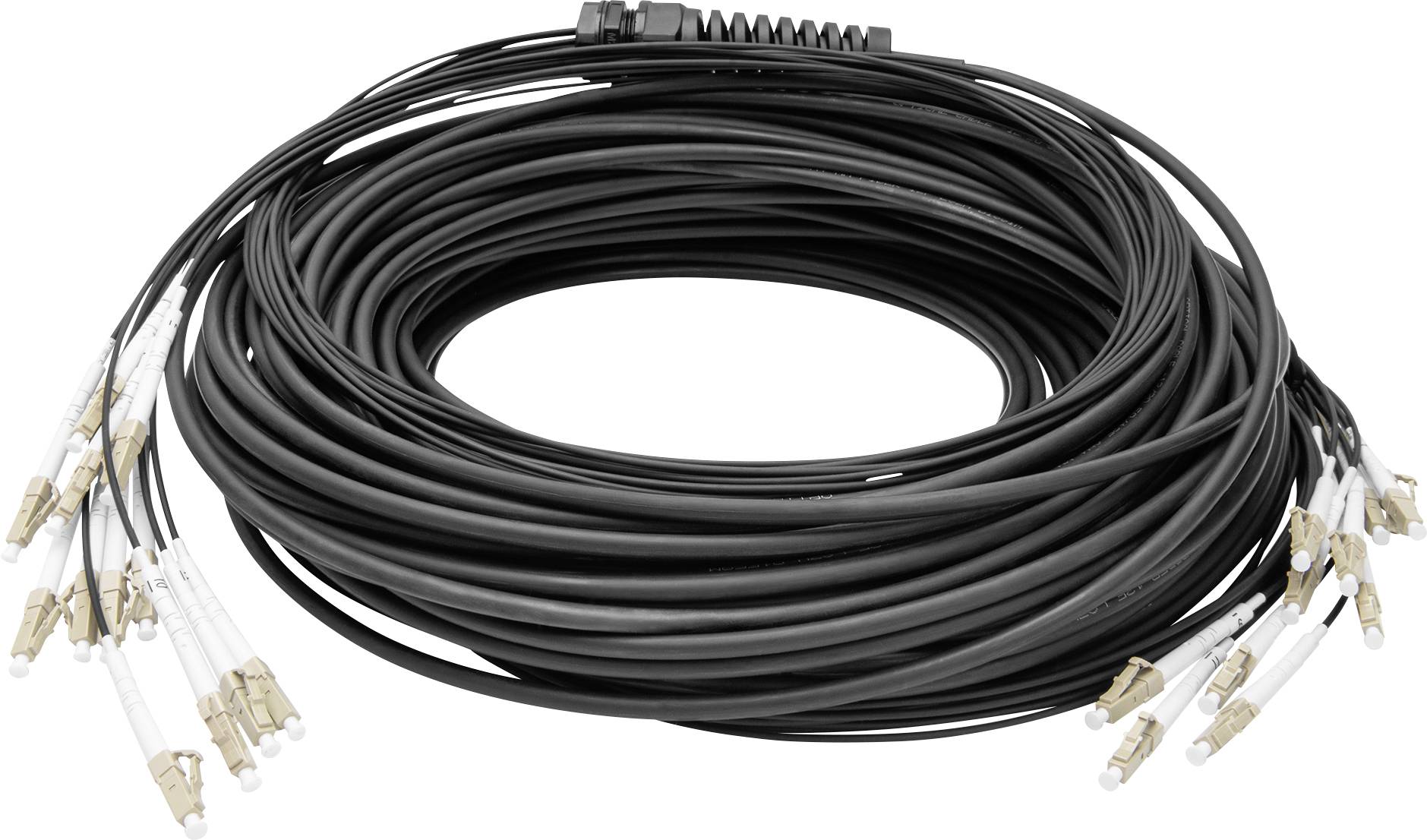 Ein langes, aufgerolltes schwarzes Kabel mit mehreren Steckeranschlüssen an beiden Enden, geeignet zur Datenübertragung.