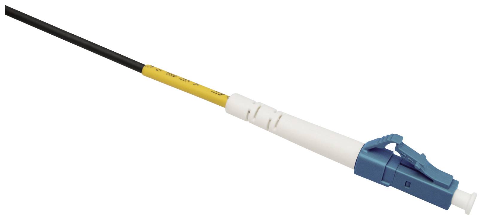 LWL-Stecker mit blauem Gehäuse und gelbem Kabel, geeignet für Glasfaserverbindungen in Netzwerken. Verwendet LC-Kupplung.