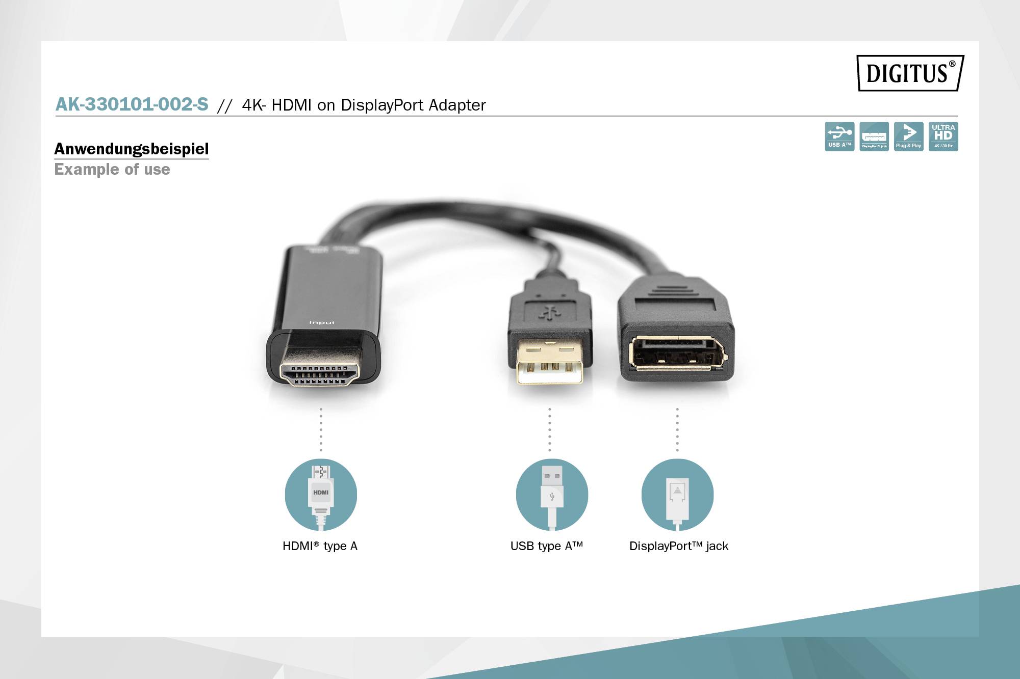 Digitus AK-330101-002-S Adapter: 4K HDMI zu DisplayPort. Abbildung zeigt HDMI Typ A, USB Typ A, und DisplayPort Schnittstellen.