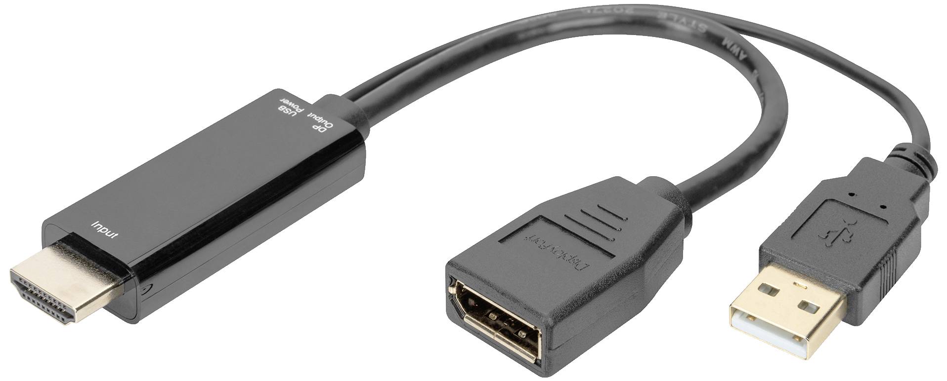 Ein schwarzer Adapterkabel mit HDMI-Stecker auf DisplayPort-Buchse und USB-Anschluss zum Konvertieren von Signalen zwischen Geräten.