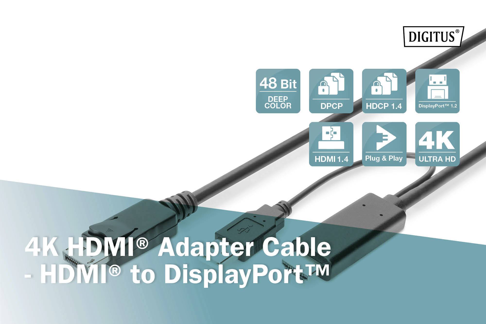 '4K HDMI® Adapterkabel - HDMI® auf DisplayPort™' wird gezeigt. Enthält Symbole für 48 Bit Deep Color, DPCP, HDCP, Plug & Play und 4K Ultra HD.