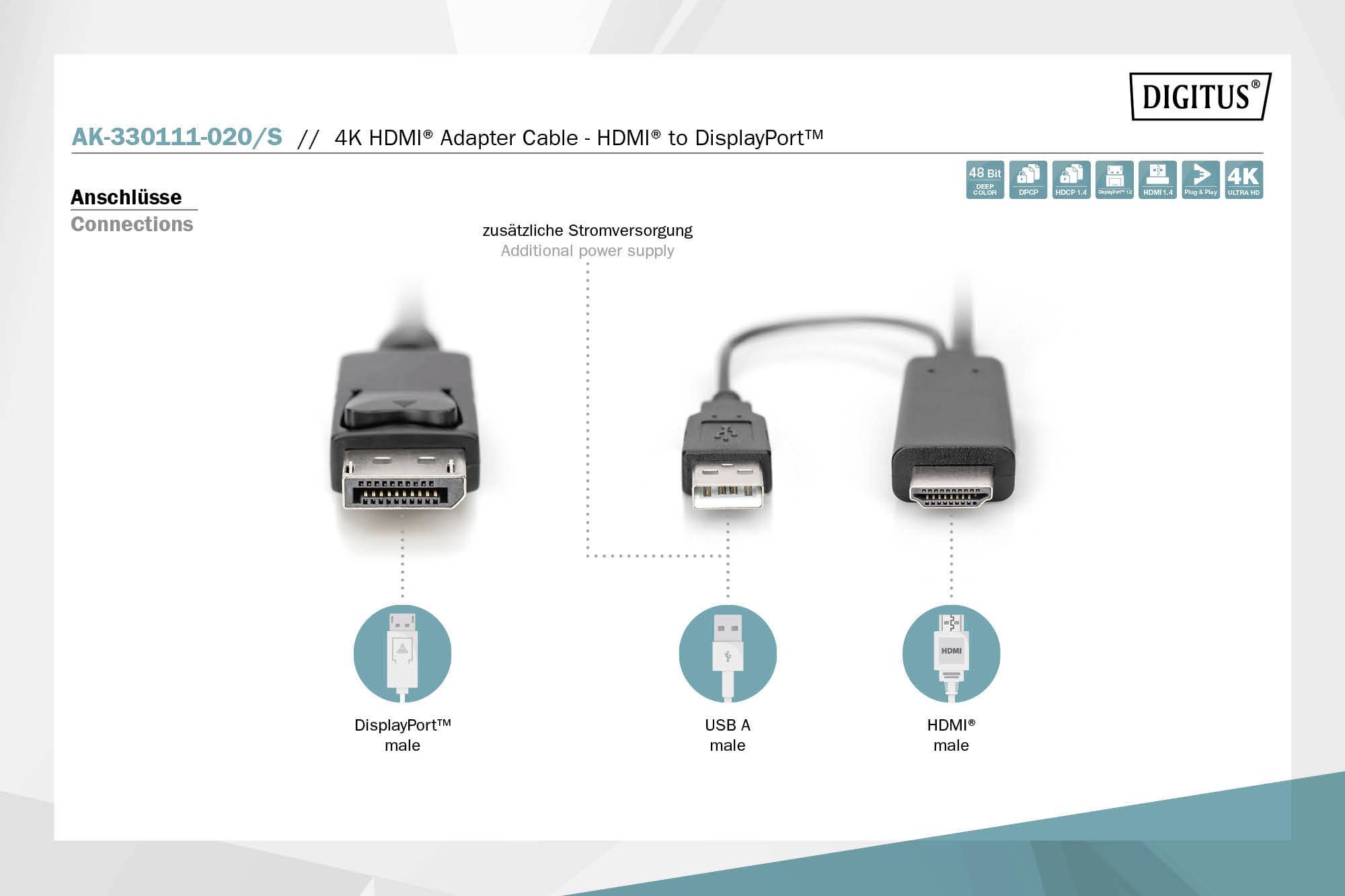 'AK-330111-020/S' HDMI-Adapterkabel zu DisplayPort. Zeigt Anschlüsse: DisplayPort männlich, USB A männlich, HDMI männlich. Zusätzliche Stromversorgung.