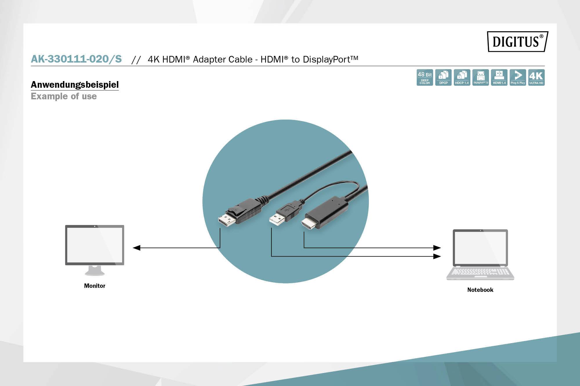 Der Monitor wird über ein 4K HDMI-Adapterkabel mit einem Notebook verbunden, das eine HDMI- zu DisplayPort-Verbindung herstellt.