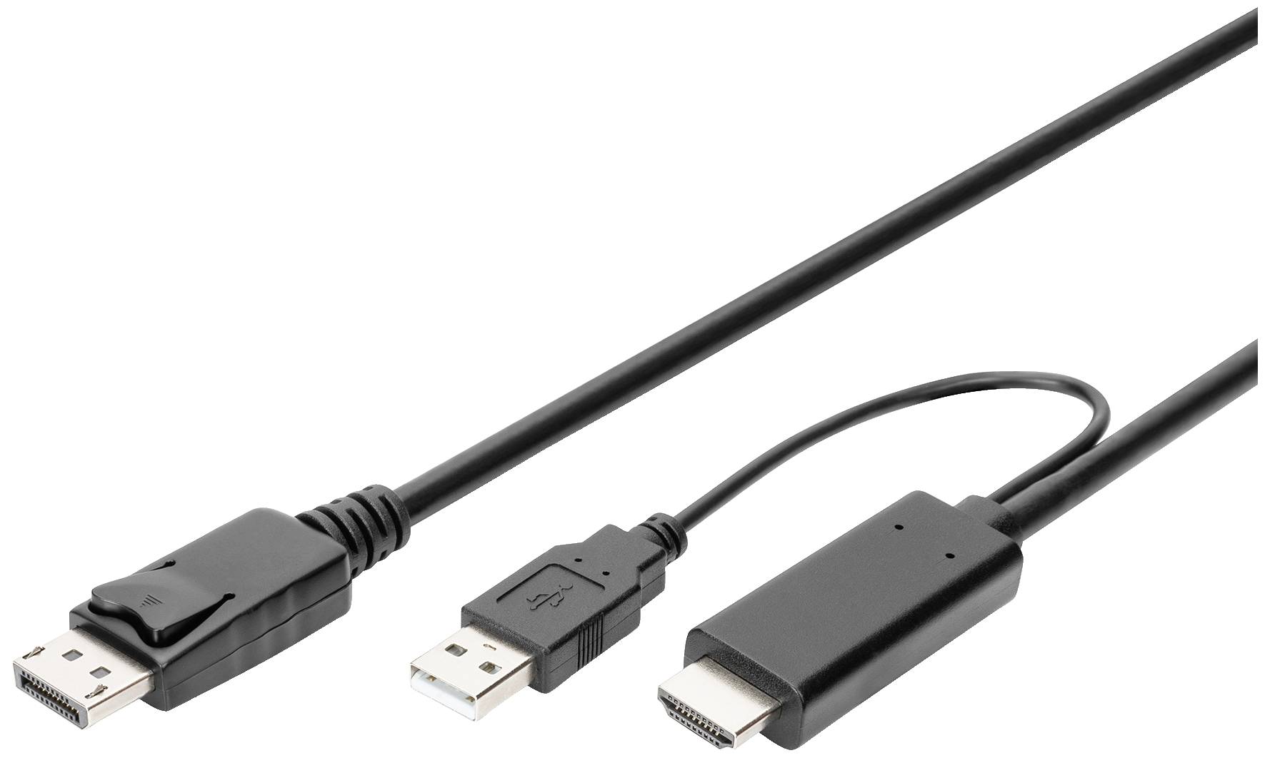 Drei Kabel nebeneinander: ein DisplayPort-Stecker, ein USB-Stecker und ein HDMI-Stecker, zum Verbinden von Geräten.