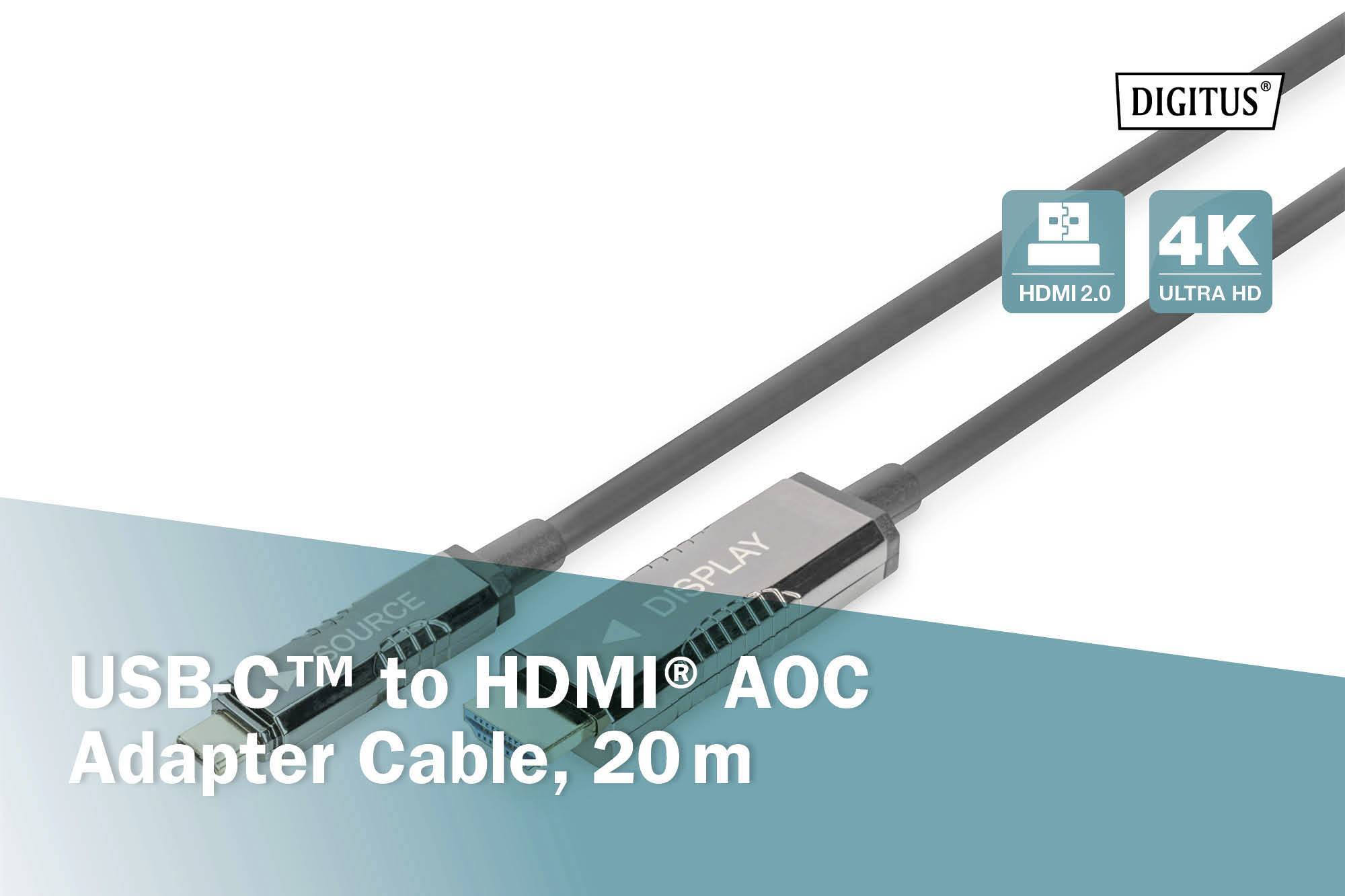'USB-C™ to HDMI® AOC Adapter Cable, 20m' steht über einem Bild des Kabels. Oben rechts sind 'HDMI 2.0' und '4K ULTRA HD' hervorgehoben.