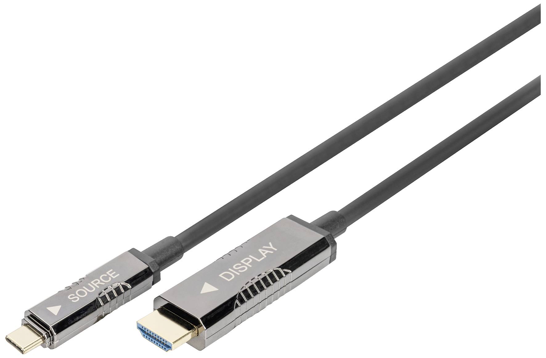 Zwei Kabel, eines mit der Aufschrift 'Source' und das andere mit 'Display', verbunden durch ihre Stecker.