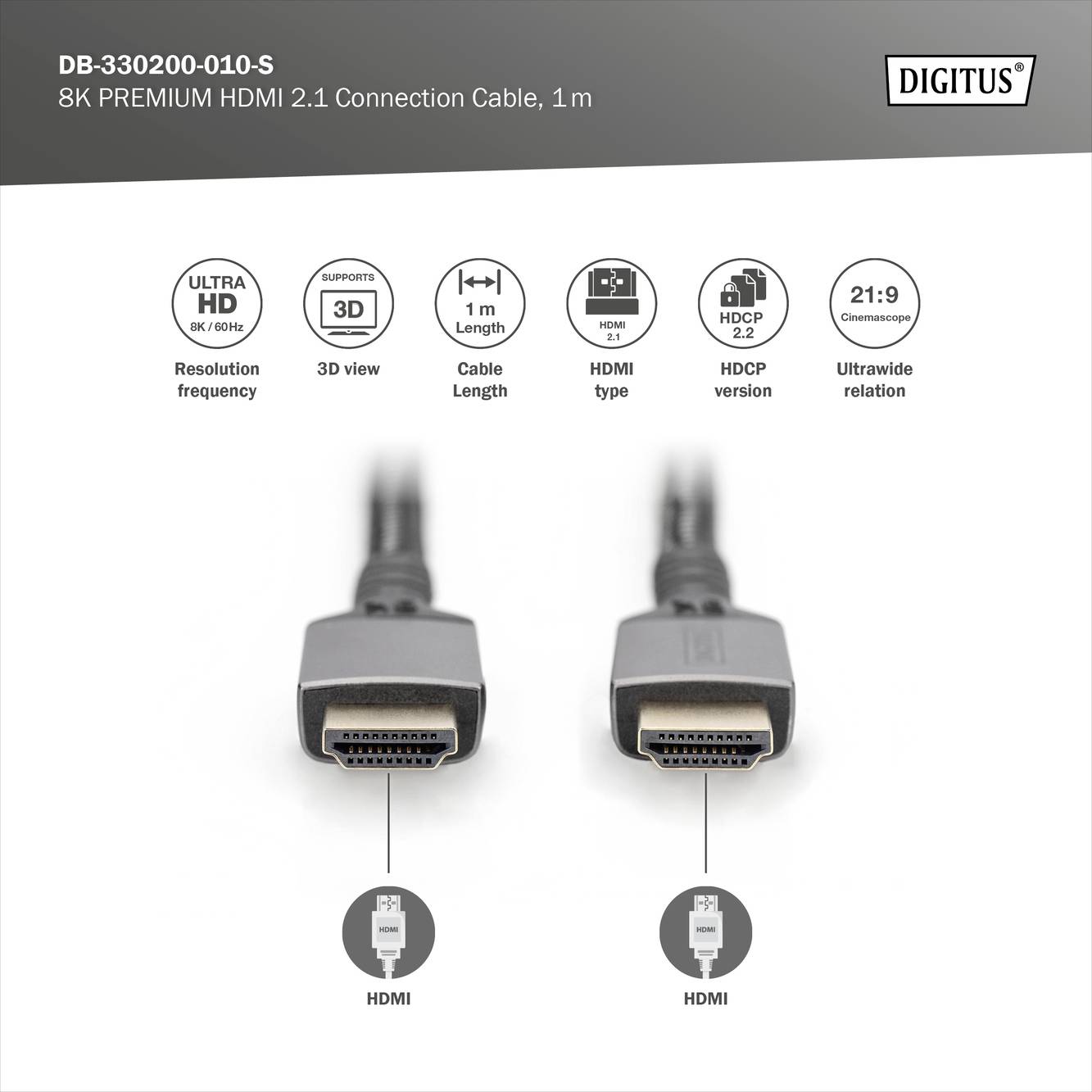 HDMI-Kabel mit 8K-Auflösung, 1 m Länge, HDMI 2.1, unterstützt 3D, HDCP 2.2, ultrabreites Verhältnis. Markenname oben rechts.
