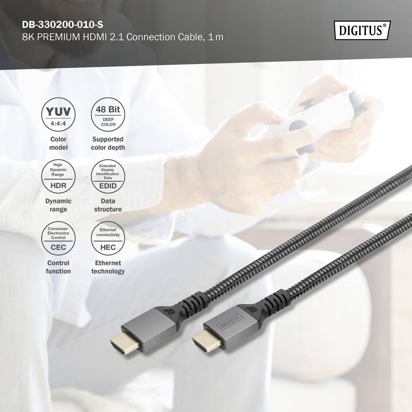 Ein HDMI-Kabel liegt auf einem Tisch. Die Verpackung zeigt: '8K PREMIUM HDMI 2.1 Connection Cable, 1.0m'.
