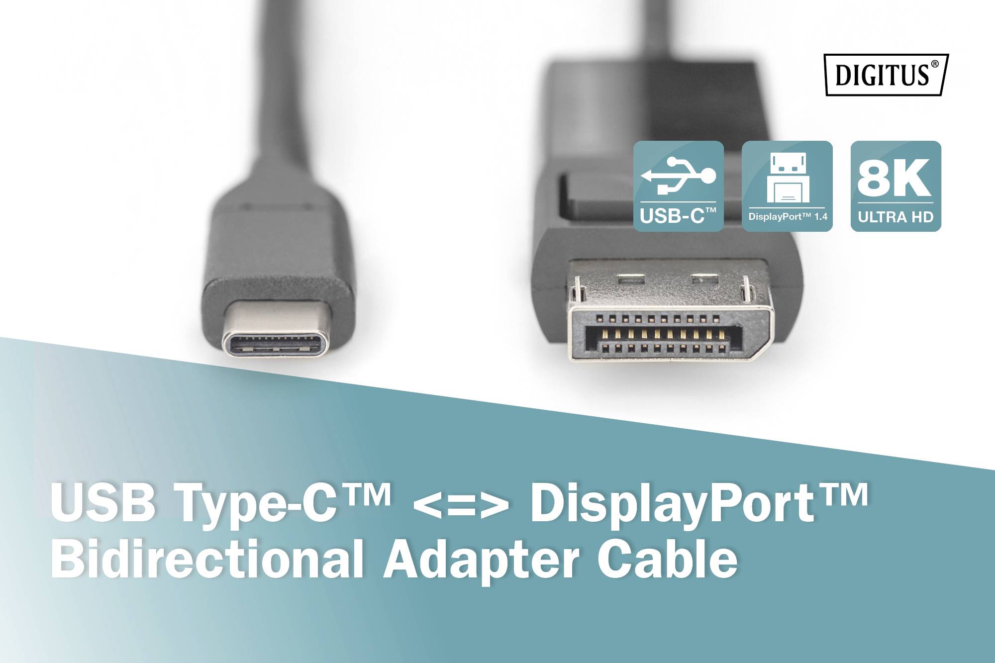 USB-Type-C- und DisplayPort-Anschlüsse eines bidirektionalen 8K-HD-Adapterkabels. Verpackung mit Logo 'DIGITUS'.