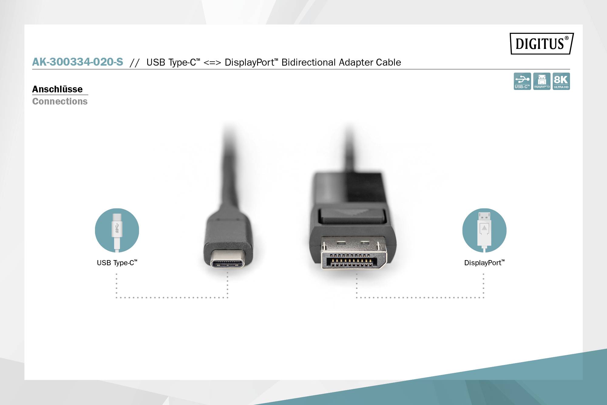 Zweibahniges Adapterkabel 'USB Type-C' zu 'DisplayPort'. Oben links die Produktnummer. Unten links 'USB Type-C', rechts 'DisplayPort'.