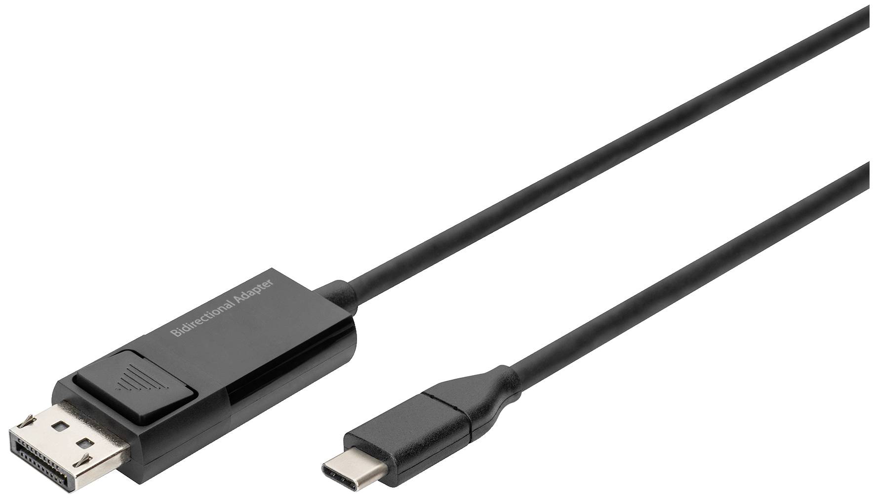 Ein schwarzes Kabel mit USB-C-Anschluss auf der einen Seite und DisplayPort-Anschluss auf der anderen zum Verbinden von Geräten.