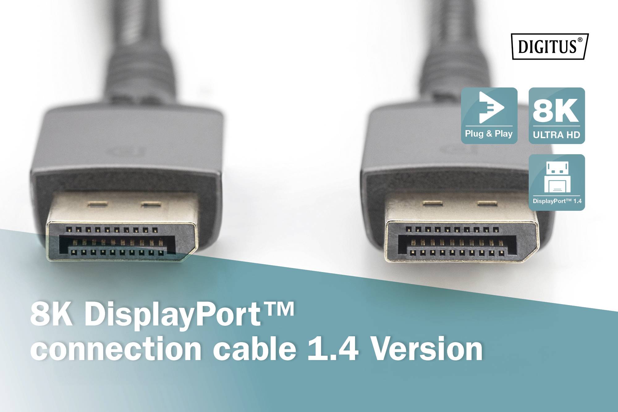 '8K DisplayPort™ Verbindungskabel 1.4 Version' in Großbuchstaben. Zwei DisplayPort-Stecker in Nahaufnahme. Markenname 'DIGITUS' oben rechts.