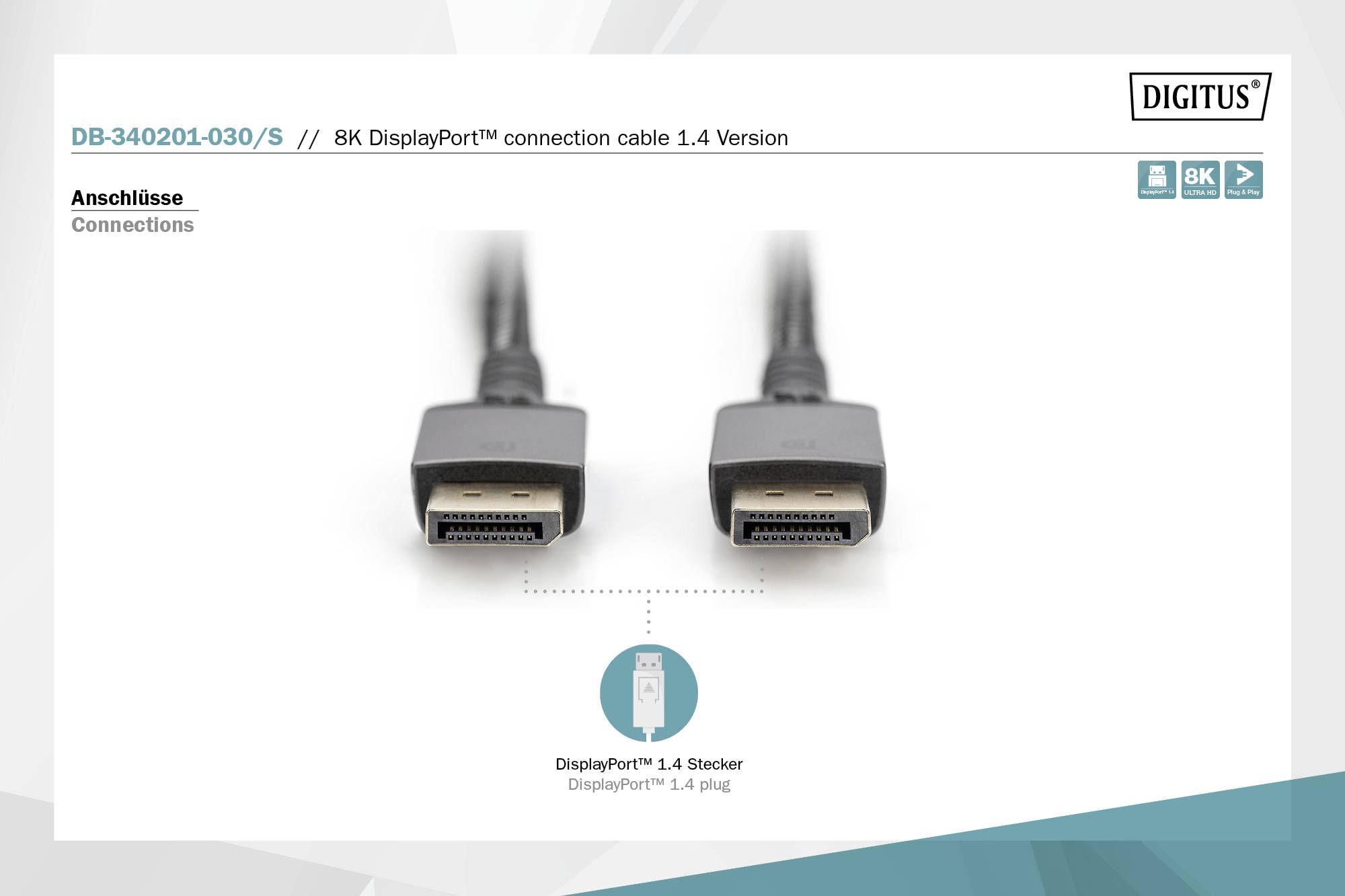 Zwei DisplayPort 1.4 Stecker nebeneinander, bezeichnet als 8K DisplayPort Verbindungskabel. Keine weiteren Details sichtbar.