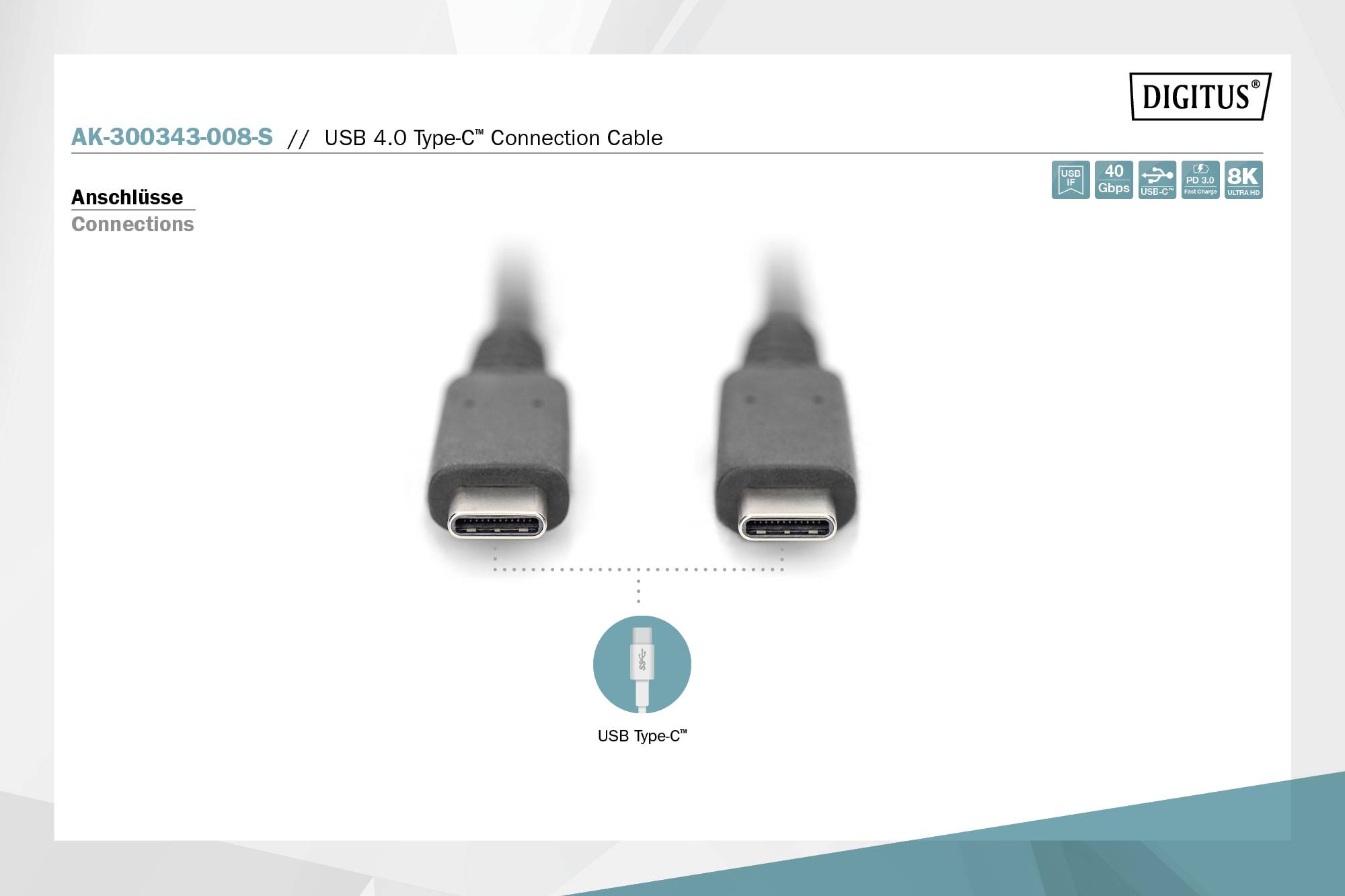 Zwei USB Typ-C Steckverbinder werden nebeneinander gezeigt. Es sind Anschlusskabel, die mit 'USB 4.0 Type-C Connection Cable' bezeichnet sind.