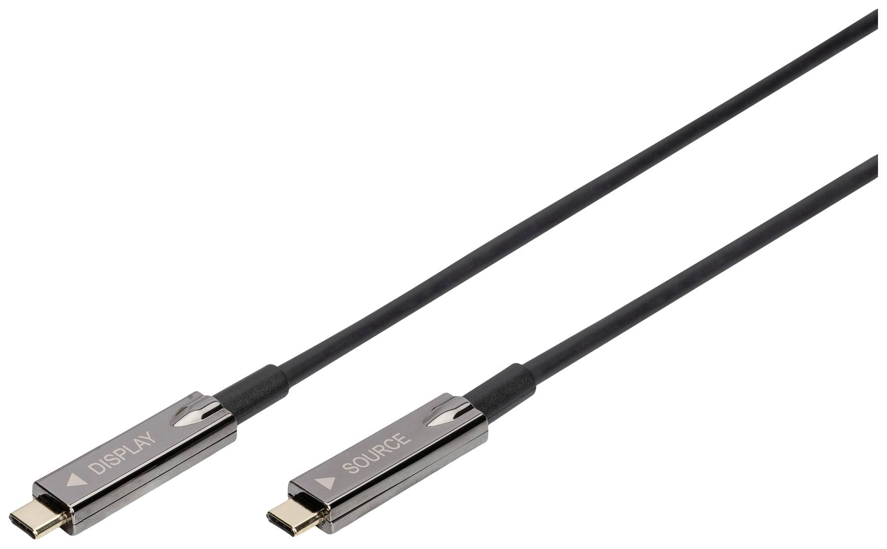 Zwei Thunderbolt-Kabel: Links mit 'Display', rechts mit 'Source' beschriftet, schwarze Ummantelung, geeignet für Hochgeschwindigkeitsdatenübertragung.
