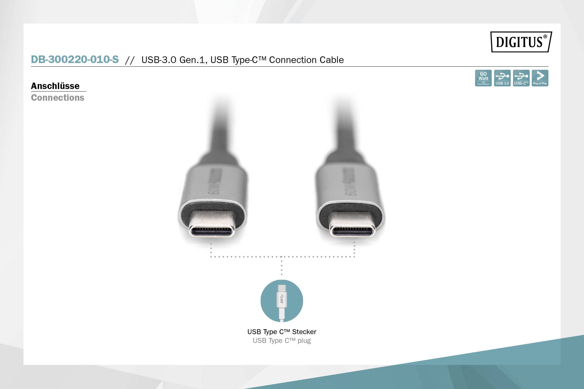 Zwei USB-Typ-C-Stecker auf einem weißen Hintergrund. Text 'USB Type C™ Connection Cable', Produkt von DIGITUS.