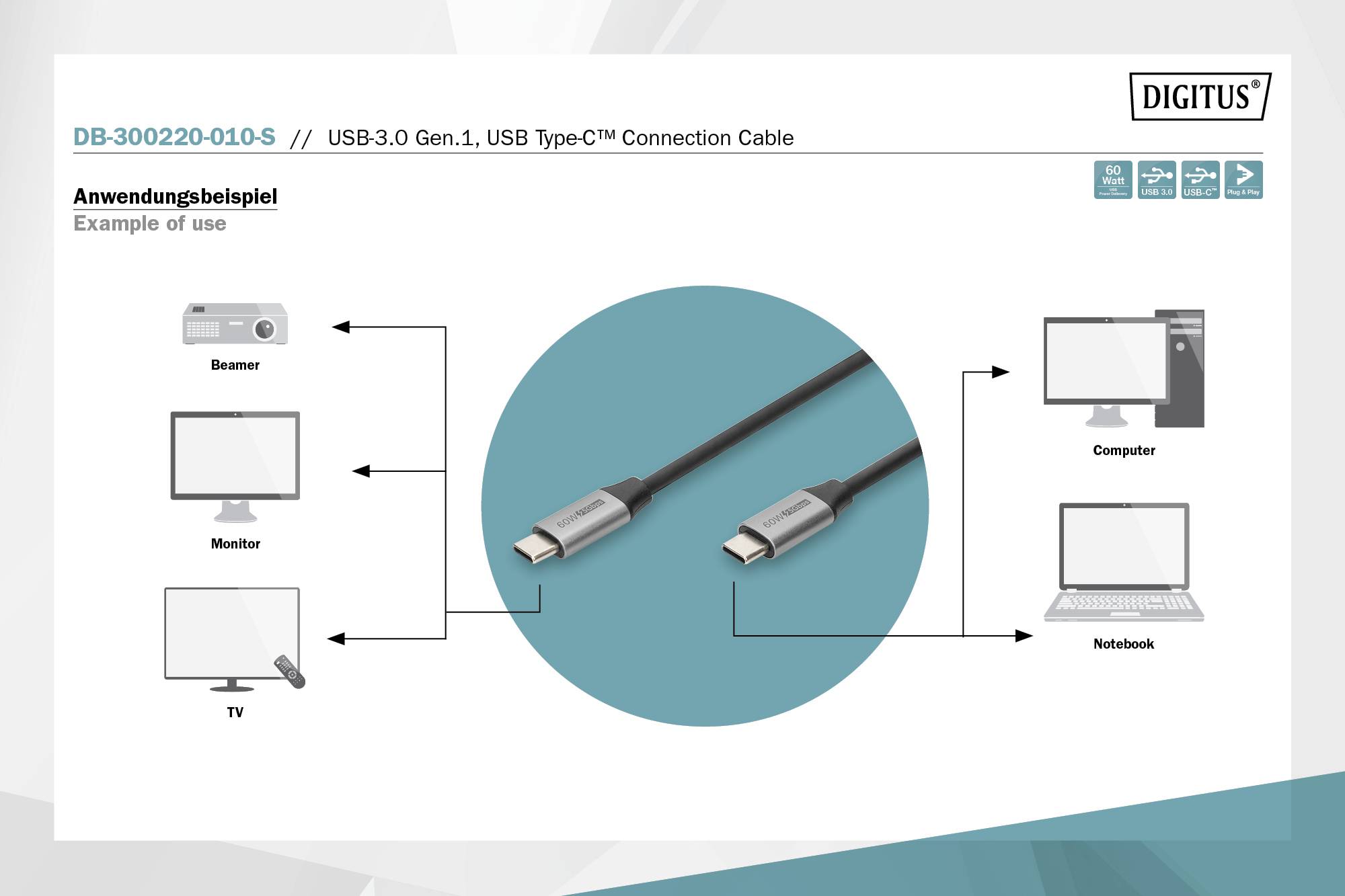 Diagramm zeigt die Anwendung eines USB Type-C Verbindungskabels. Es verbindet Beamer, Monitor und TV mit Computer und Notebook.
