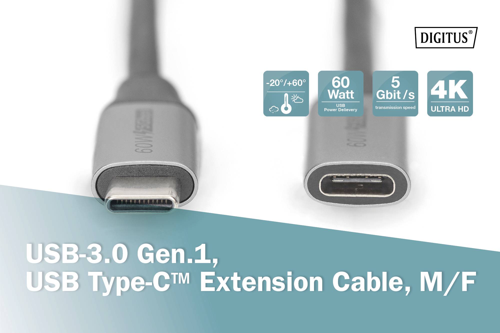 'USB-3.0 Gen.1, USB Type-C™ Verlängerungskabel, M/F' steht neben Abbildungen der Kabelstecker mit Informationen zu Leistung, Temperatur und Auflösung.
