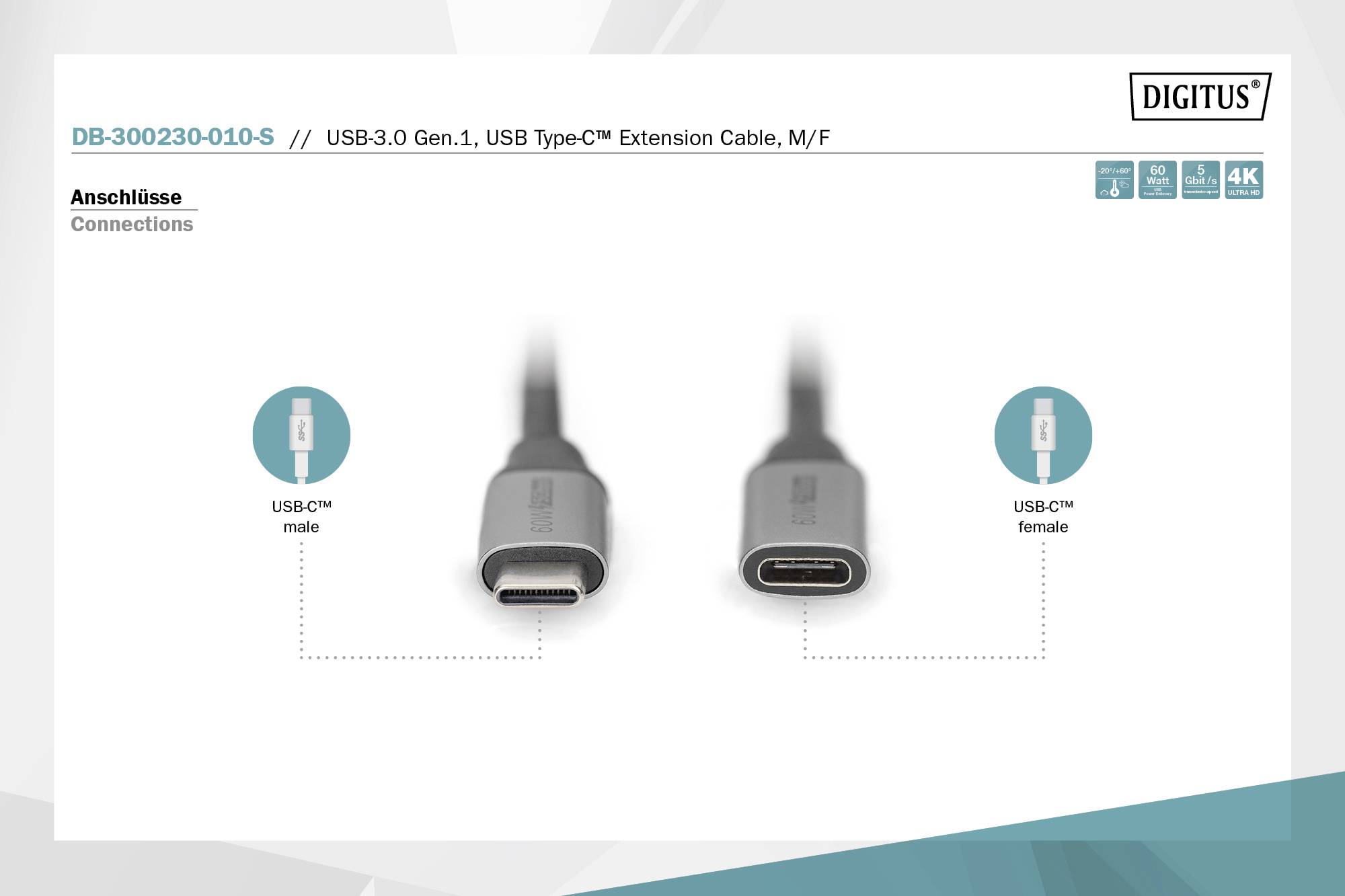 Digitus USB Type-C 3.0 Verlängerungskabel, männlich zu weiblich. Abbildung zeigt beide Anschlüsse mit Symbolen.