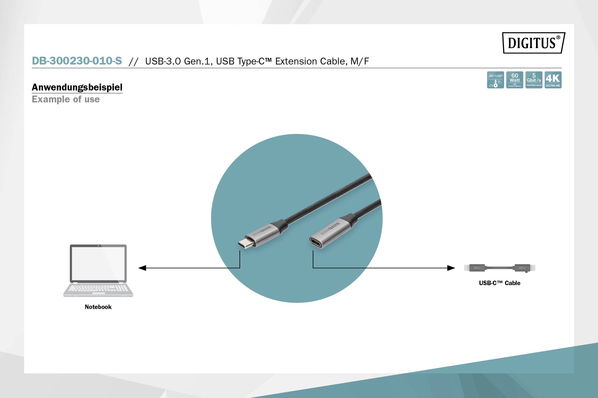 'USB 3.0 Gen.1, USB Type-C™ Verlängerungskabel, M/F' zeigt Kabelanschluss zwischen Notebook und USB-C Kabel. Oben rechts Logo und Icons.