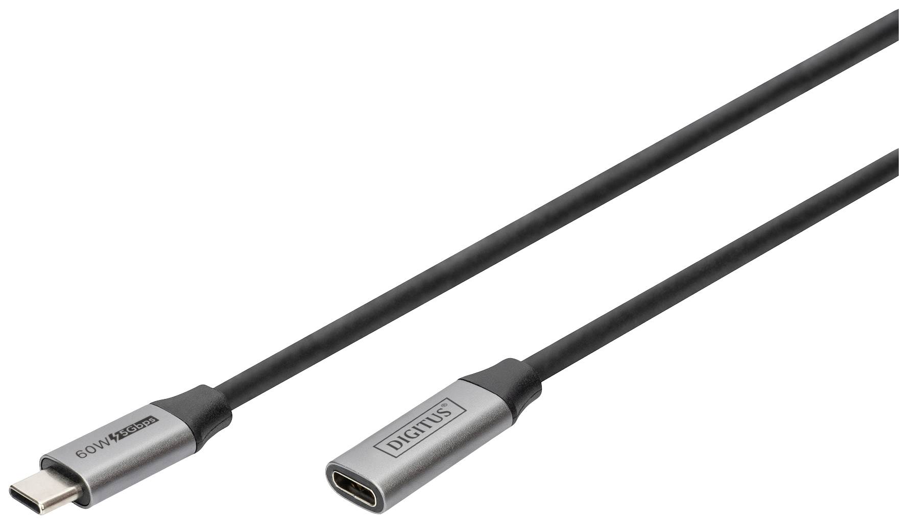 USB-C-Kabel mit silbernen Steckern, einer als Stecker und der andere als Buchse. Langes schwarzes Kabel dazwischen.