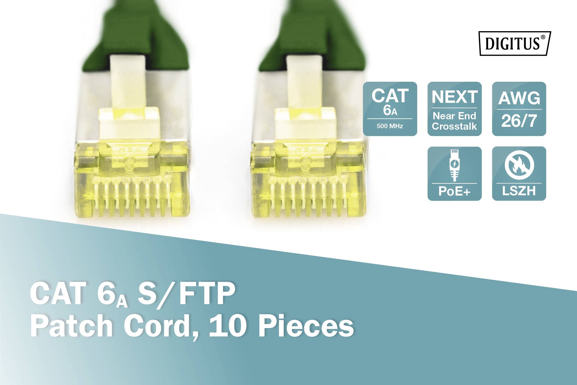 Zwei grüne CAT 6a S/FTP Netzwerkkabel mit RJ45-Steckern, beschriftet mit 'CAT 6a, NEXT, AWG 26/7, PoE+, LSZH'. Verpackung für 10 Stück.