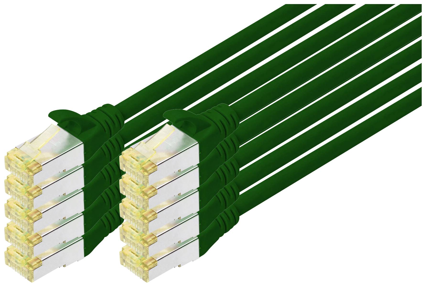 Sechs grüne Ethernet-Kabel mit speziellen Steckverbindern nebeneinander angeordnet. Sie symbolisieren Netzwerkverbindungen.