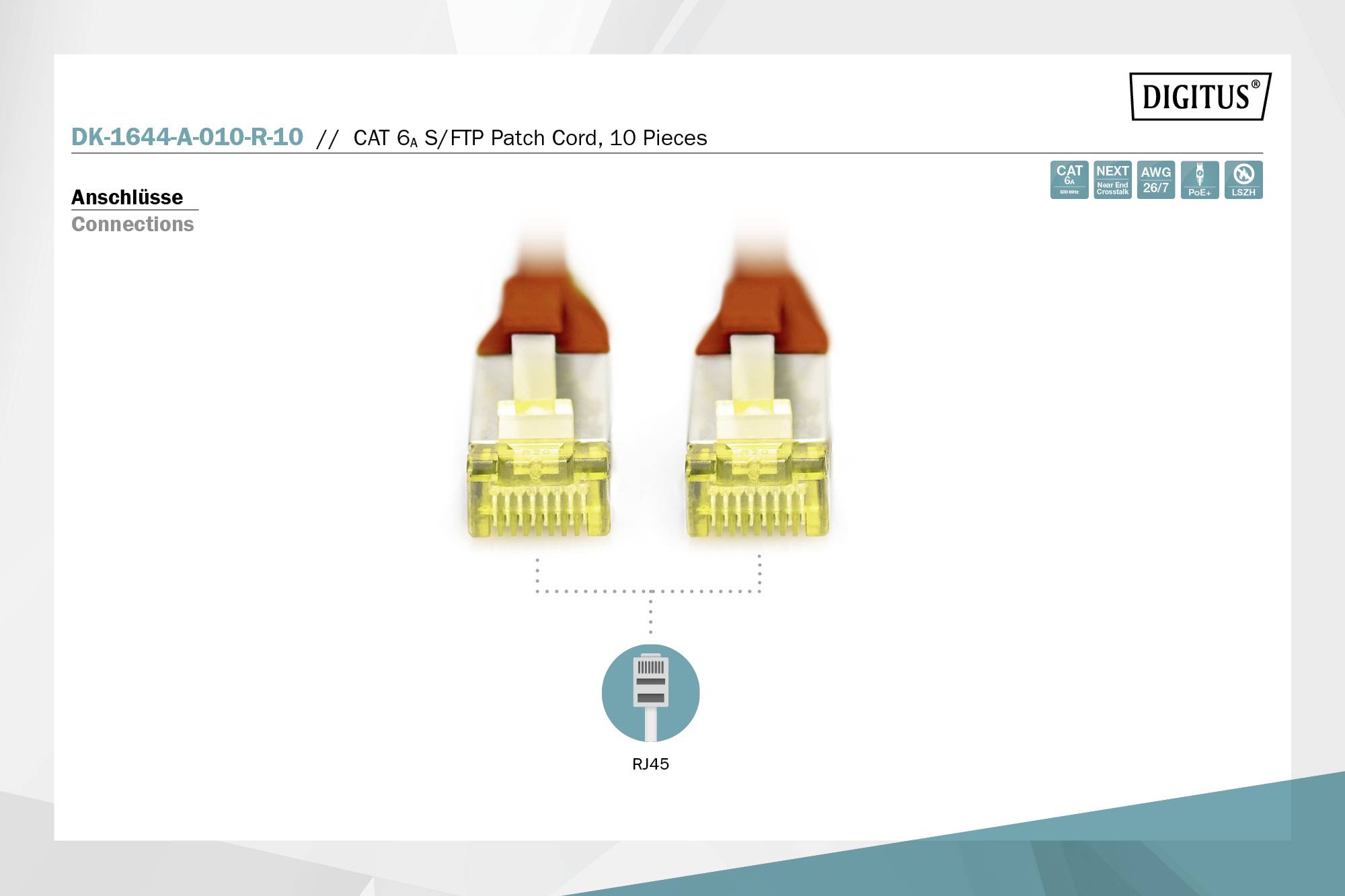 Zwei RJ45-Stecker mit rotem Gehäuse und gelbem Stecker. Beschriftung: RJ45. Produktname: CAT 6, S/FTP Patch Cord, 10 Stück.