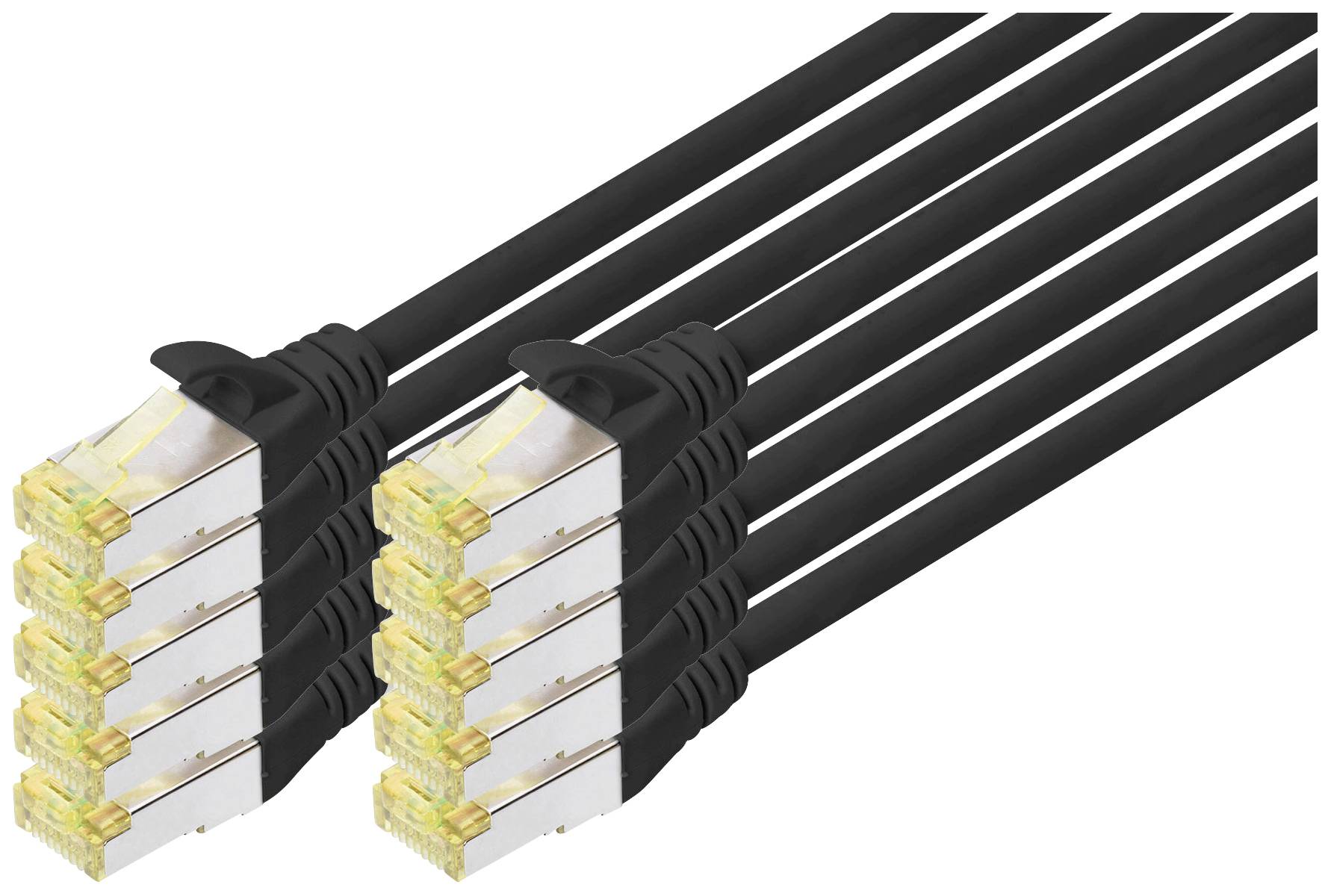 Sechs schwarze Ethernet-Kabel mit metallischen Steckern, nebeneinander angeordnet.