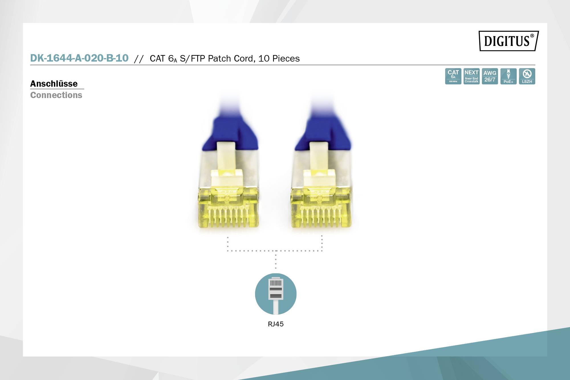 Zwei RJ45-Stecker einer CAT 6 S/FTP Patchkabelverbindung. Oben ist die Produktnummer und Beschreibung aufgelistet.