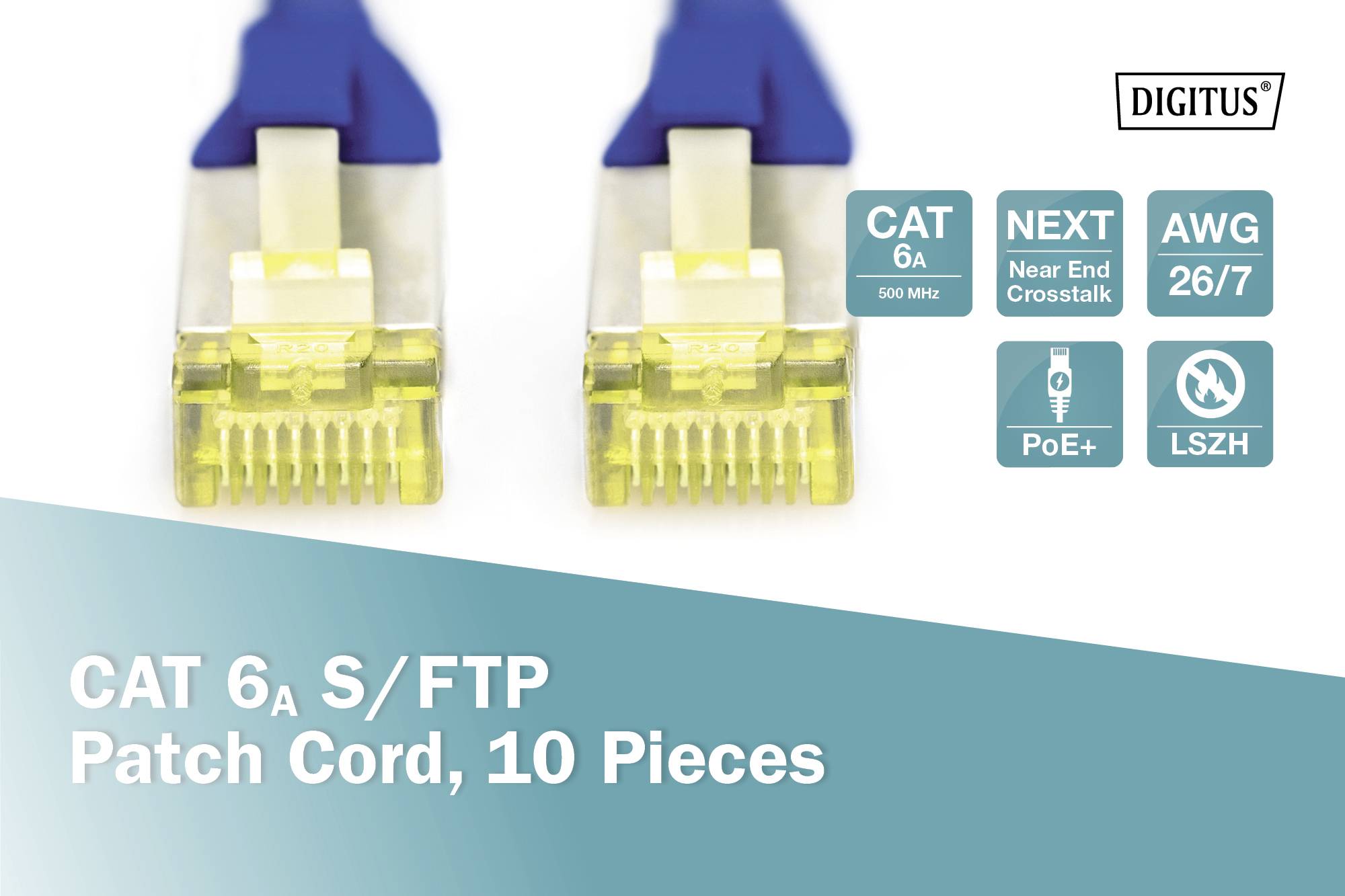 'CAT 6a S/FTP Patchkabel, 10 Stück' zeigt zwei Netzwerkkabelstecker. Symbole weisen auf CAT 6a, Near End Crosstalk, AWG 26/7, PoE+ und LSZH hin.