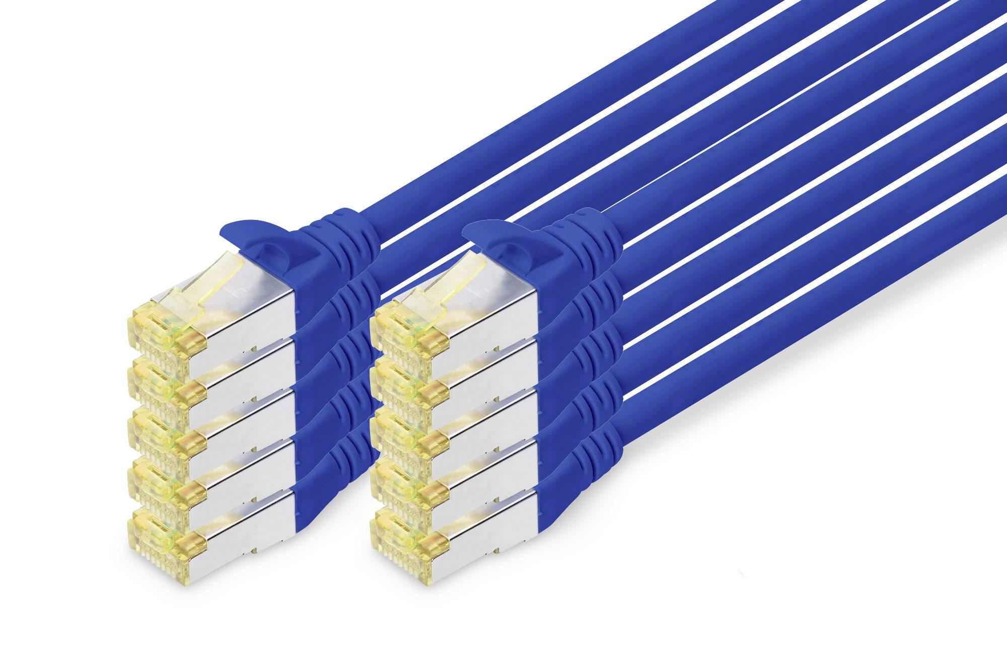 Acht blaue Ethernet-Kabel mit RJ45-Steckern in zwei parallelen Reihen. Sie sind für Netzwerkanbindungen und Datentransfer gedacht.